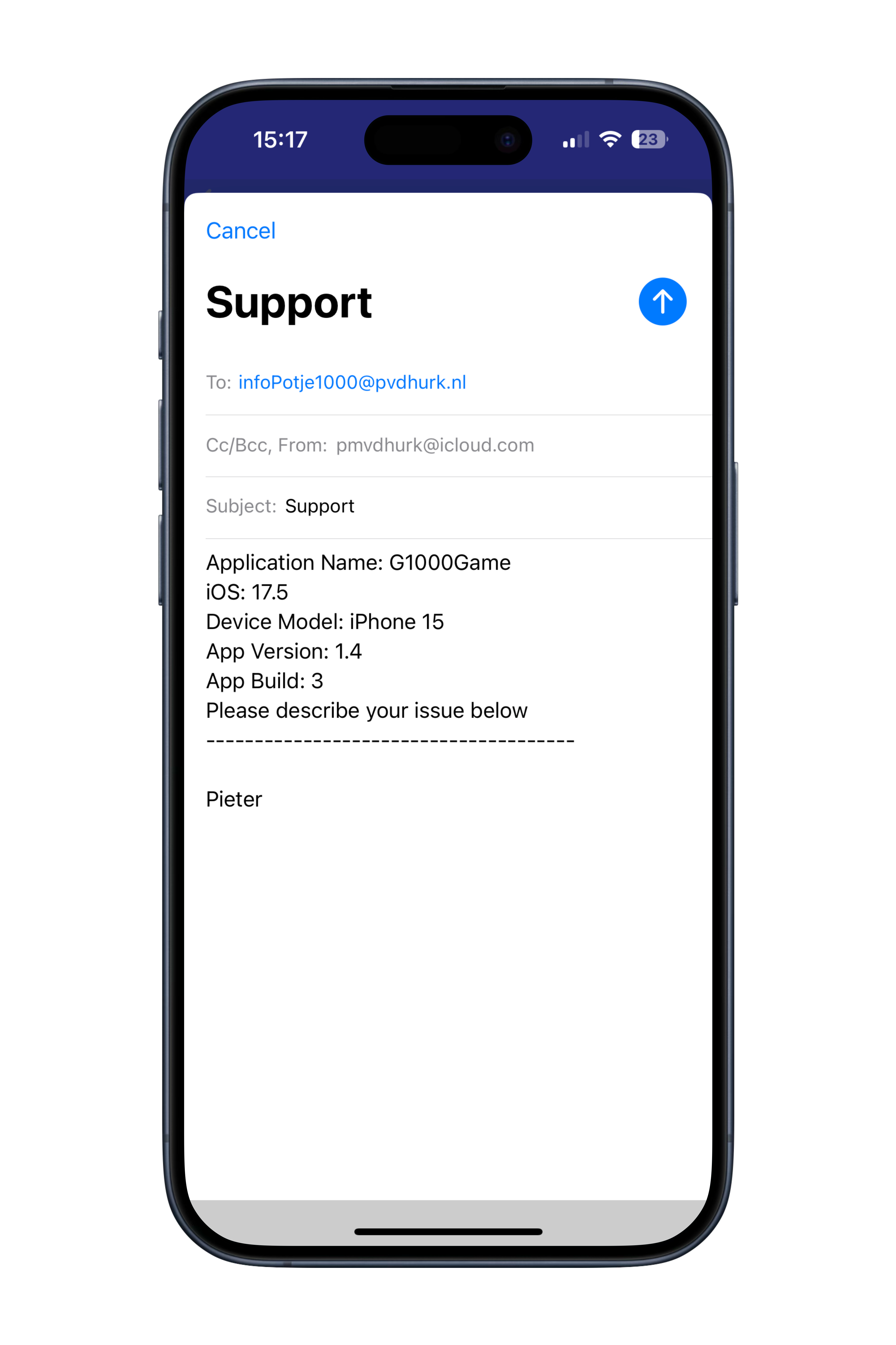 App Potje 1000, mailTo view